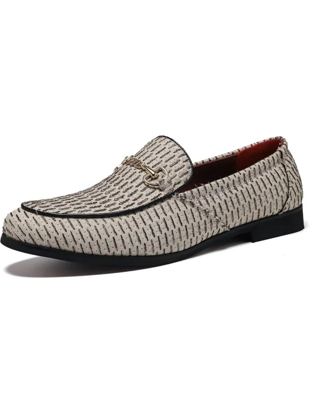 LCQL Men's Beige Leather Velvet Loafer Gold Buckle Slip On Comfortable Shoes